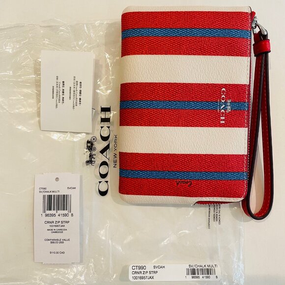 Coach Corner Zip Wristlet W/Stripe Print, red,coated canvas and recycled leather - Picture 6 of 9